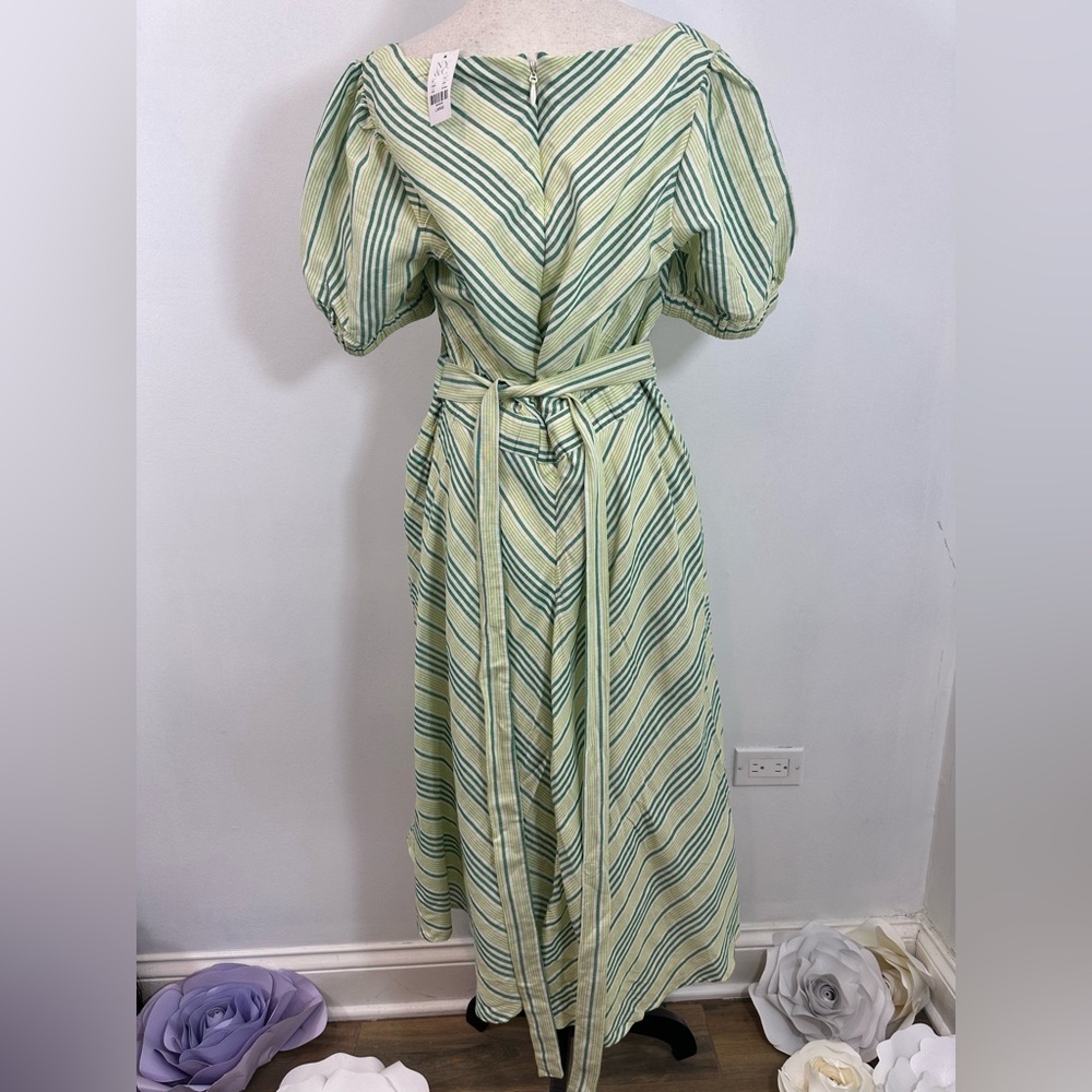 New York & Company Green Stripe Linen Blend Tie Waist Dress Women’s Size Large - Picture 3 of 7